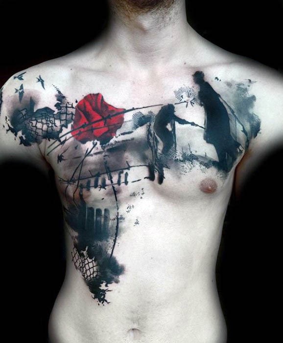 Tatuaje de estilo abstracto divino en el pecho, colores negro y rojo