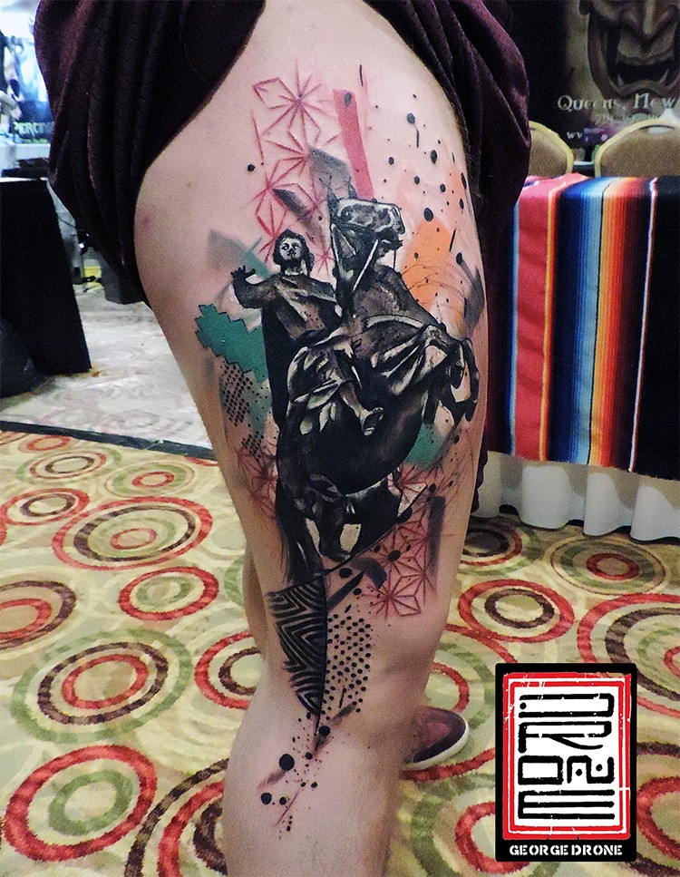 Abstract style colored thigh tattoo of stone statue with ornaments