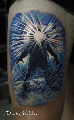 Abstract style colored thigh tattoo of human with blasted face