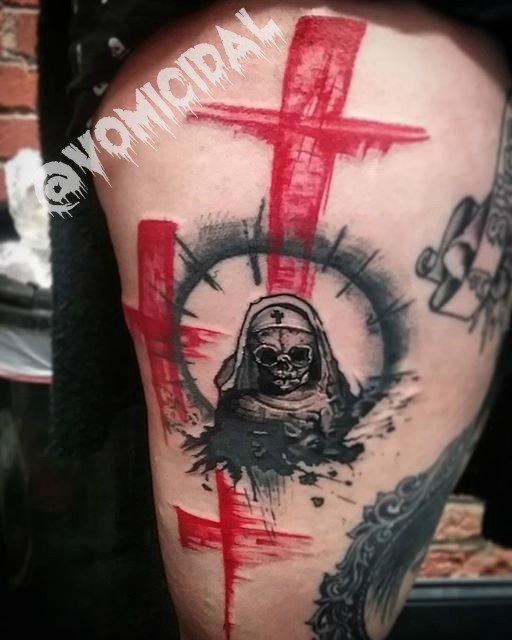 Abstract style colored thigh tattoo of skeleton mother with red crosses