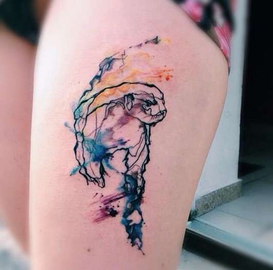 Abstract style colored thigh tattoo of interesting animal