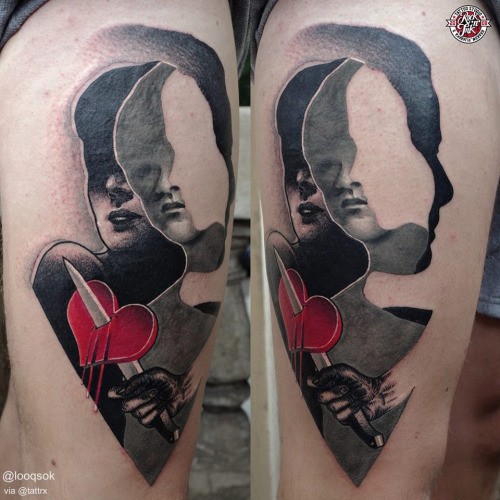 Abstract style colored thigh tattoo of human faces with red heart and dagger