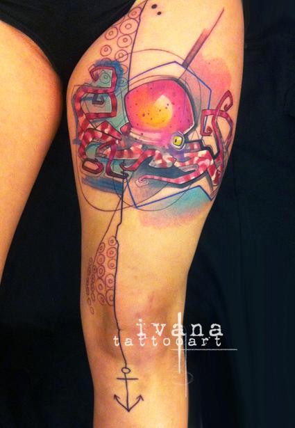 Abstract style colored thigh tattoo of octopus and anchor