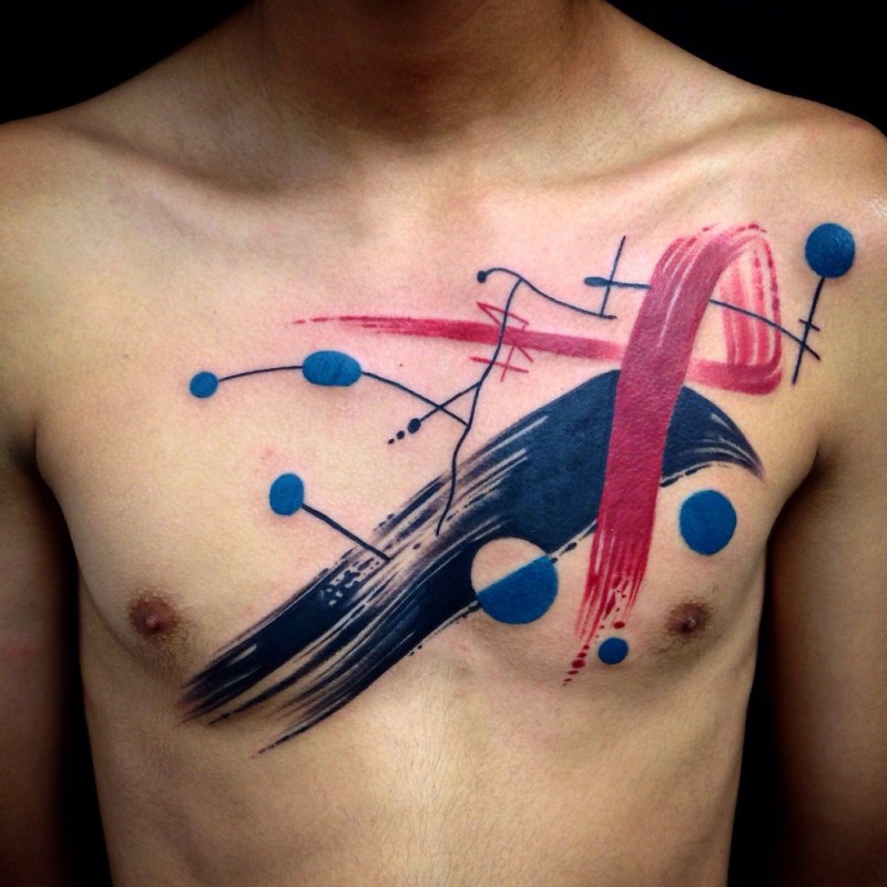 Abstract style colored various ornaments and circles tattoo on chest