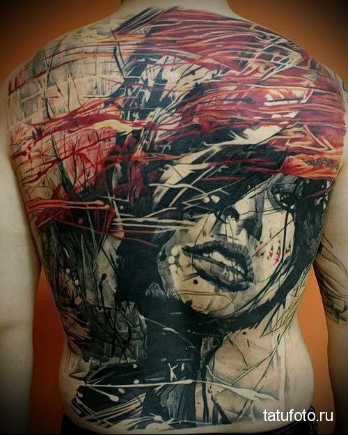 Abstract style colored whole back tattoo of sad woman