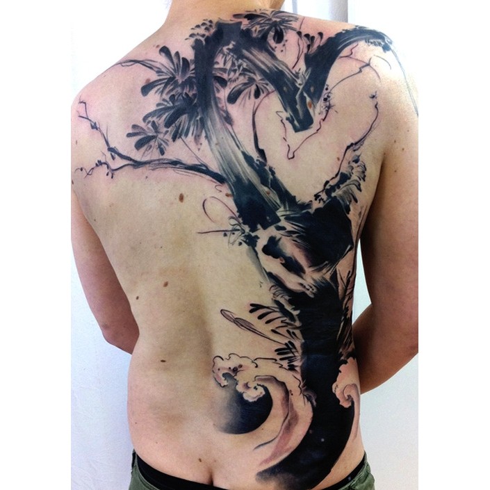 Abstract style colored whole back tattoo of big tree with waves