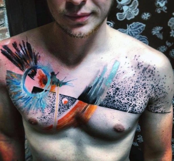 Abstract style colorful big tattoo on chest