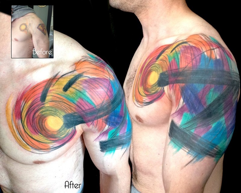 Abstract style colorful chest and shoulder ornaments tattoo