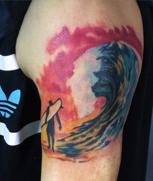 Abstract style colorful surfer with big waves tattoo on shoulder