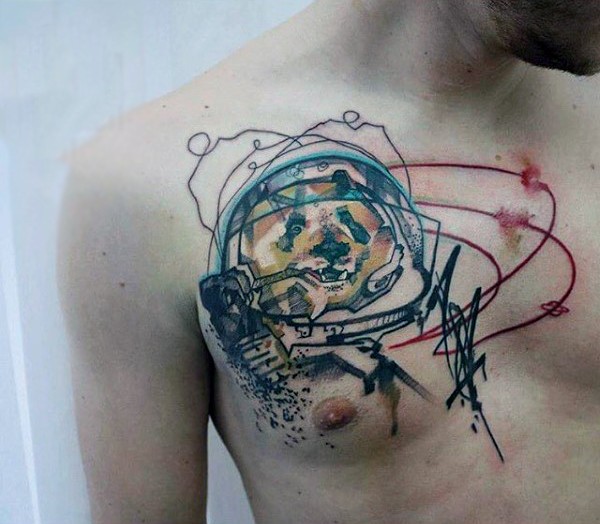 Abstract style funny colored panda in astronaut suit tattoo on chest