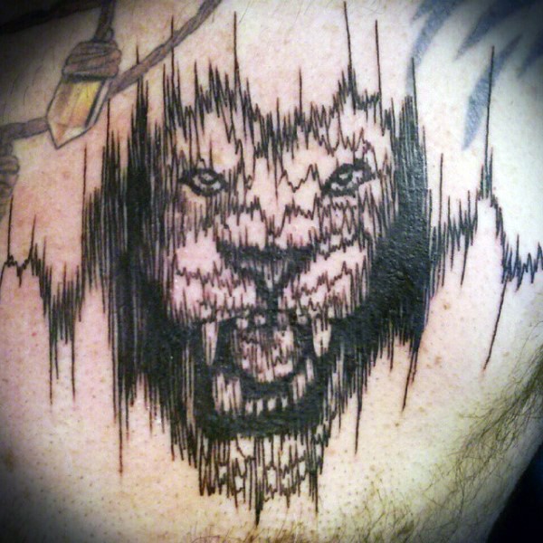 Abstract style lack ink big lion shaped tattoo on chest