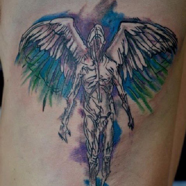 Abstract style multicolored big side tattoo of mystical angel