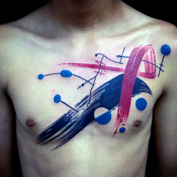 Abstract style multicolored chest tattoo of various geometrical figures