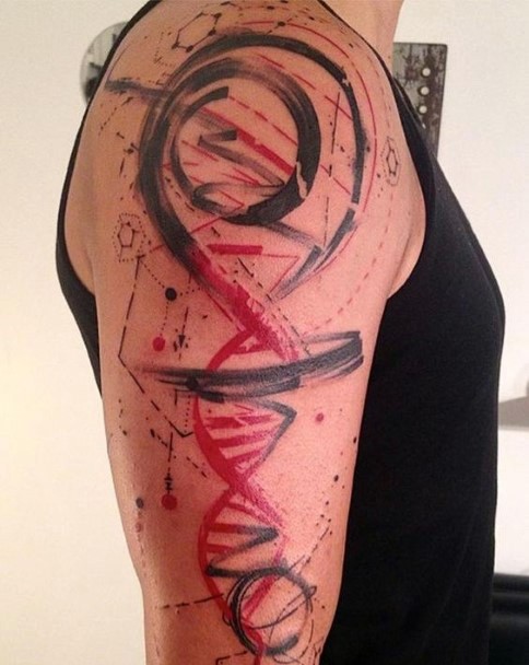 Abstract style multicolored DNA tattoo on arm