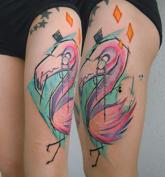 Abstract style multicolored thigh tattoo of gentleman flamingo