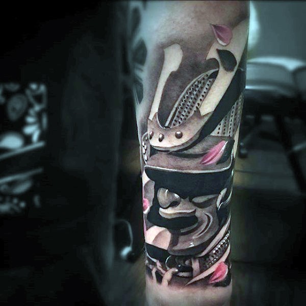 Abstract style natural looking colored antic samurai helmet tattoo on arm with pink leaves