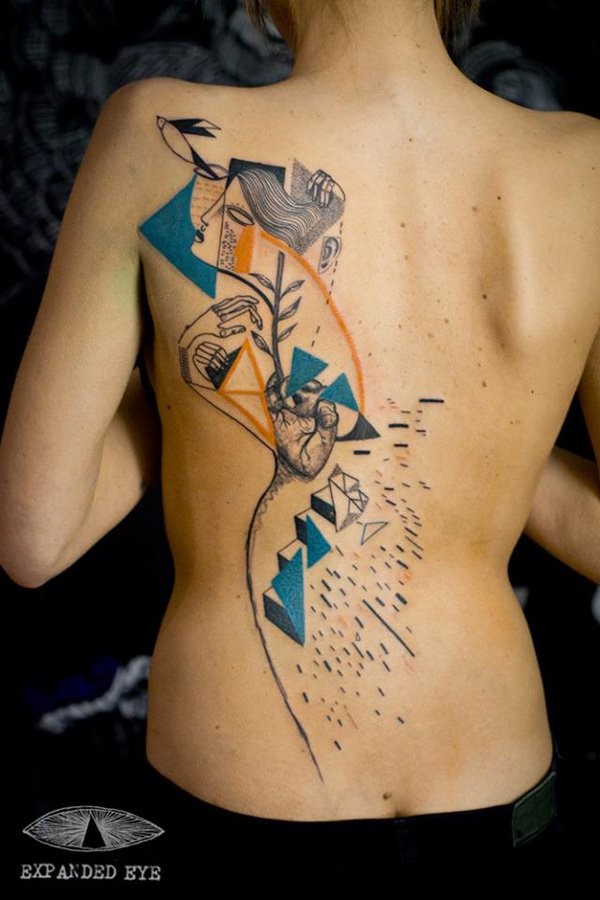 Abstract style painted and colored big geometrical tattoo on back