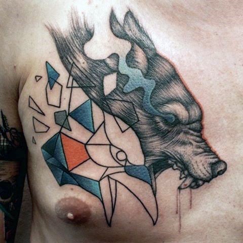 Abstract style painted and colored demonic bird and bear tattoo on chest