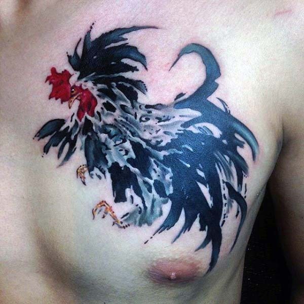 Abstract style painted colored cock tattoo on chest