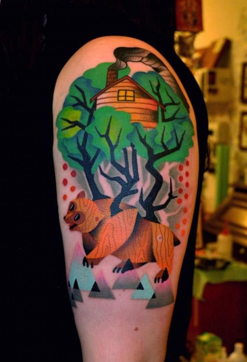 Abstrakter Stil mystisches farbiges Tattoo am Unterarm