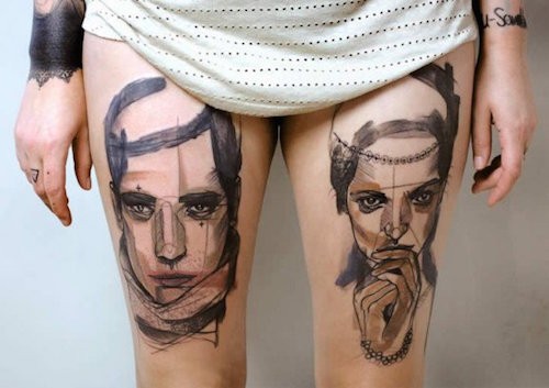 Abstract style sketch style colored thigh tattoo of man and woman portraits