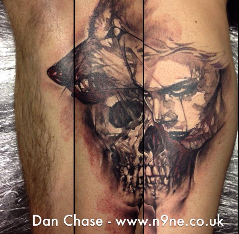 Abstract style unusual combined tattoo of human skull, human portrait and wolf head