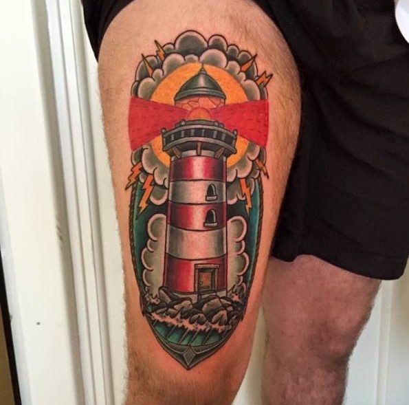 Accurate colorful lighthouse tattoo on thigh with lightning and waves