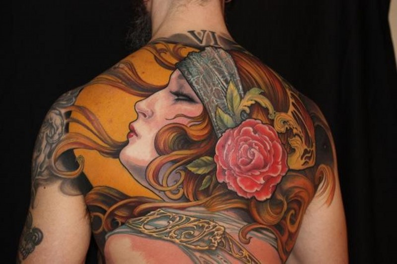 Accurate designed and colored beautiful woman tattoo on whole back stylized with red rose flower