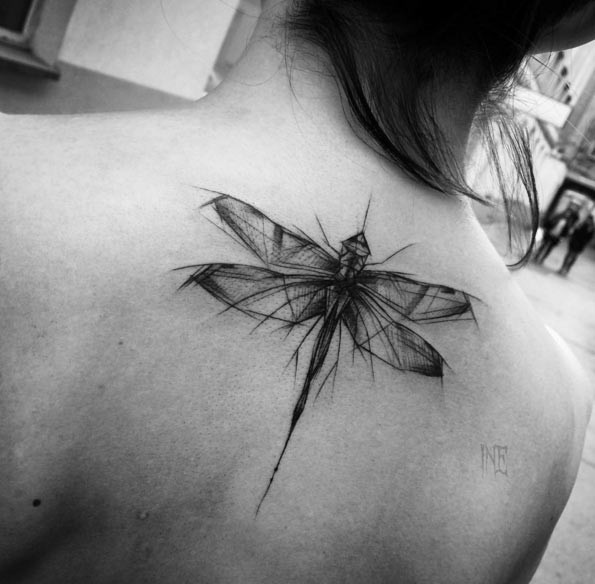 Accurate designed black ink upper back tattoo of big dragonfly by Inez Janiak