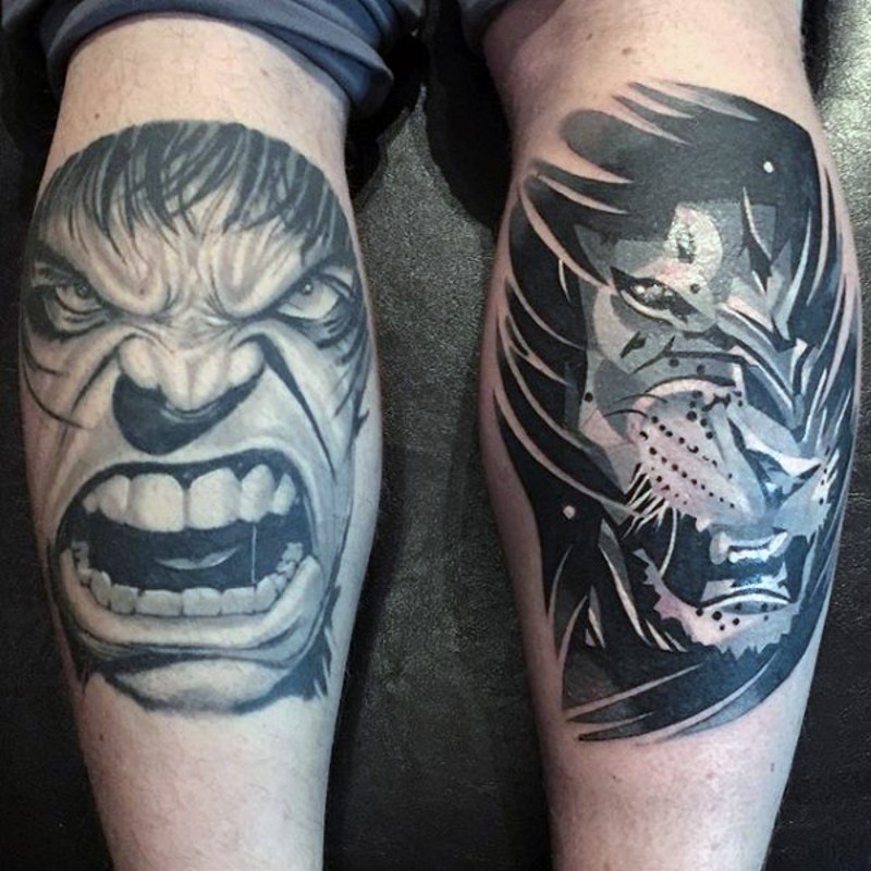 Accurate looking black and white evil Hulk face with roaring tiger tattoo on legs