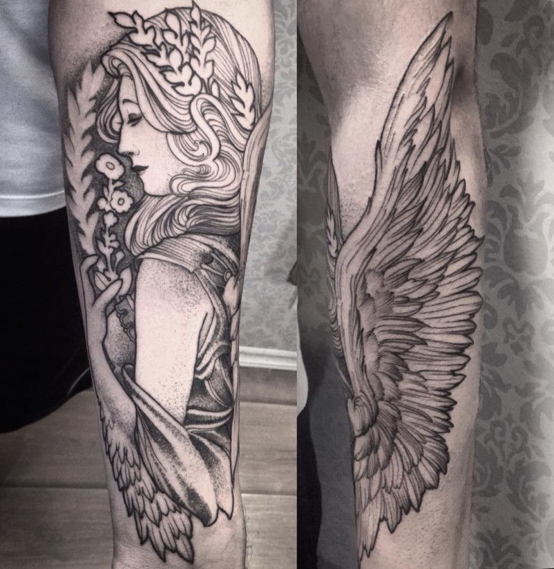 Akkurat aussehendes schwarzes Unterarm Tattoo mit Engelfrau mit Blumen und Blättern