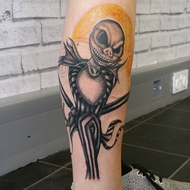 Accurate looking colored leg tattoo of Nightmare before Christmas hero