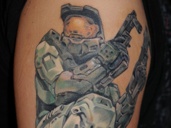 Accurate looking colored shoulder tattoo of Halo soldier