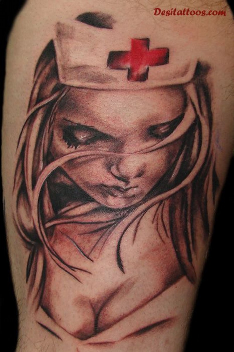 Accurate looking colored shoulder tattoo of sexy nurse portrait