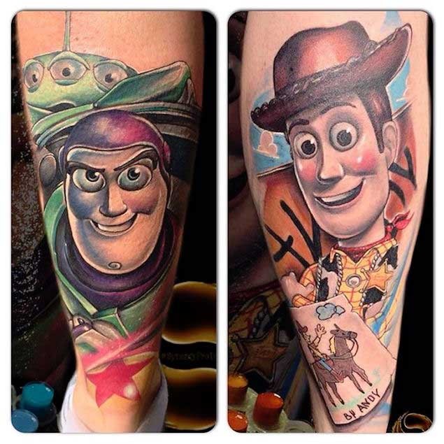 Accurate looking colored Toy Story cartoon main heroes portraits tattoo