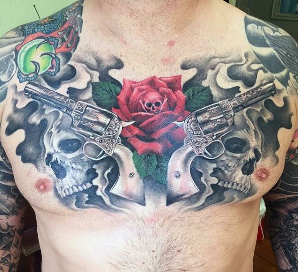 Accurate looking detailed chest tattoo of revolver pistols and skulls