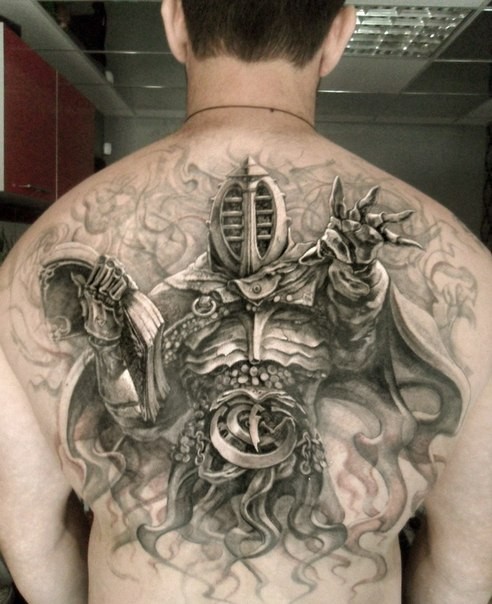 Accurate looking detailed whole back tattoo of fantasy mystical warrior
