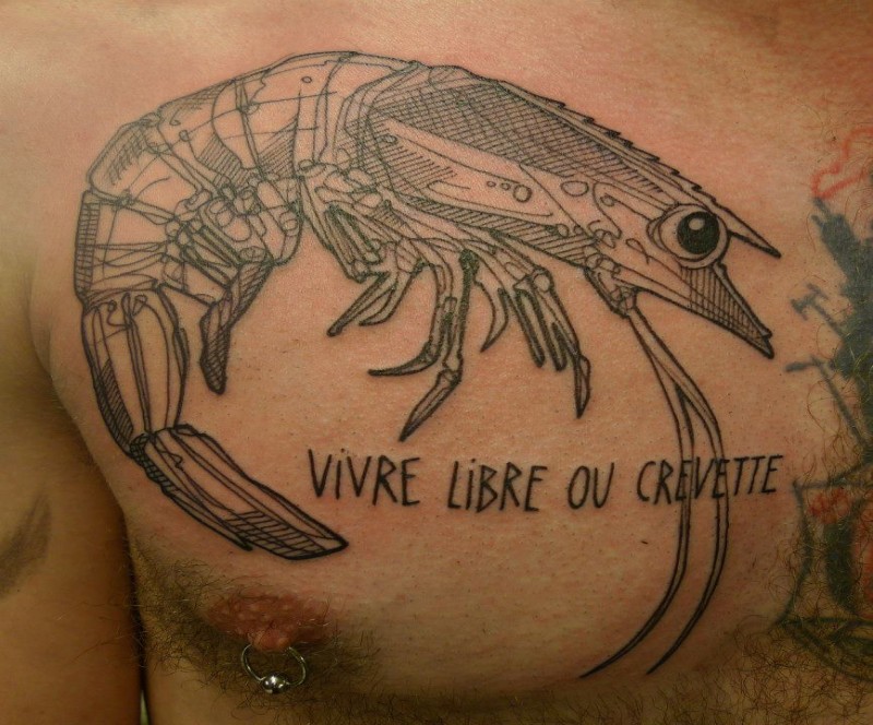 Accurate looking lifelike chest tattoo of small shrimp with lettering