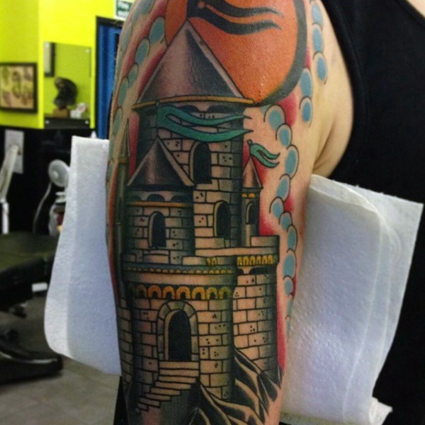 Accurate multicolored old castle with flags shoulder length tattoo