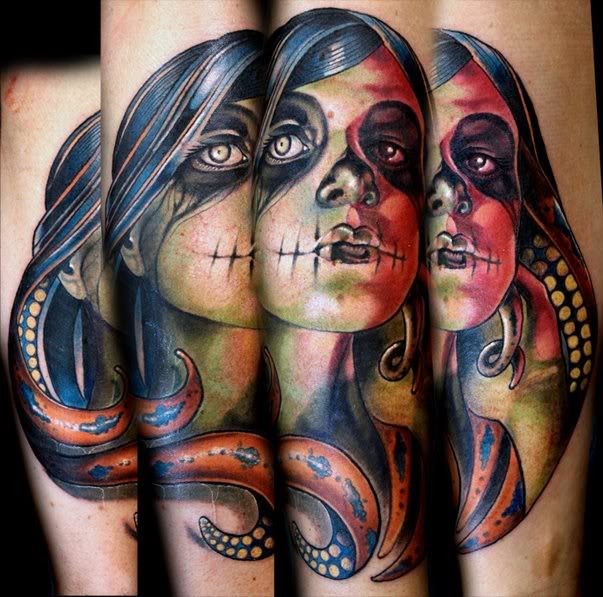 Accurate painted and colored arm tattoo of zombie girl with octopus