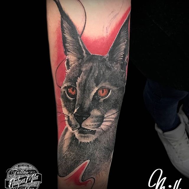 Accurate painted and colored forearm tattoo of caracal