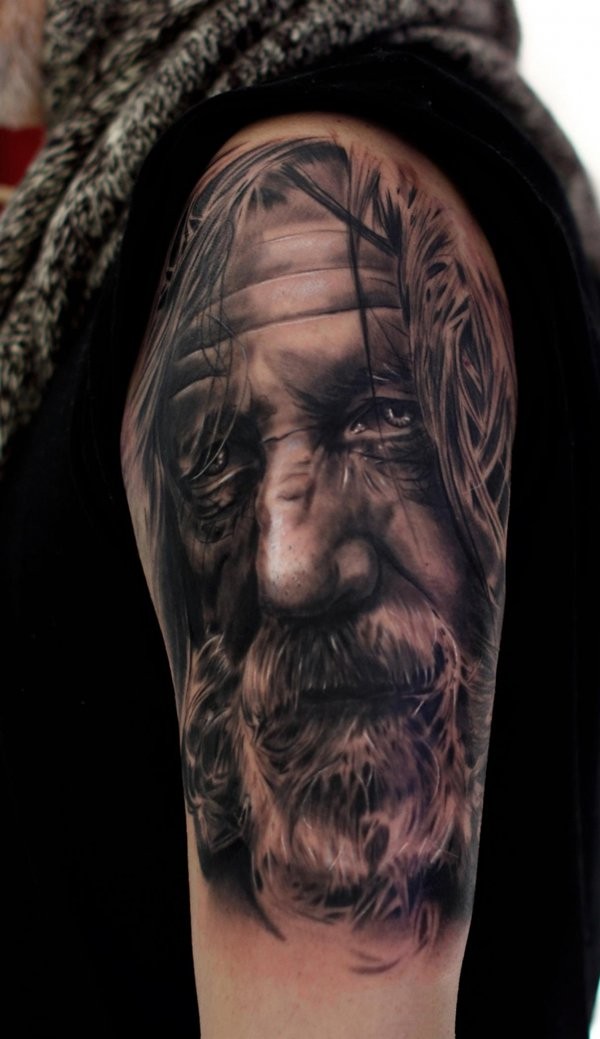 Accurate painted black ink detailed shoulder tattoo of Gandalf wizard