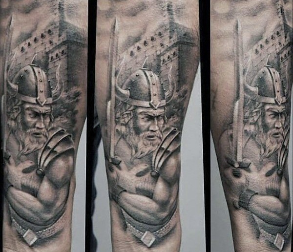 Accurate painted black ink medieval warrior tattoo on forearm combined with old castle
