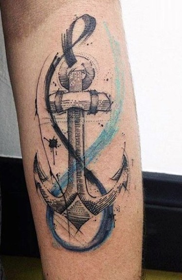 Accurate painted black ink roped anchor tattoo on leg