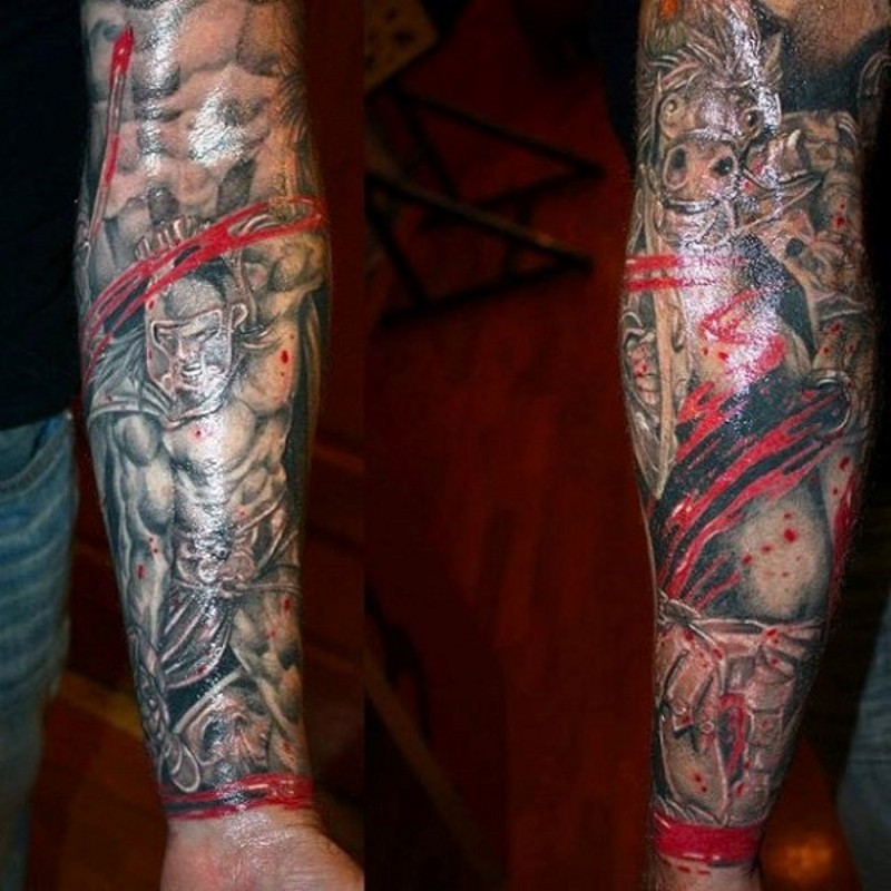 Accurate painted colored forearm tattoo of bloody ancient epic battle