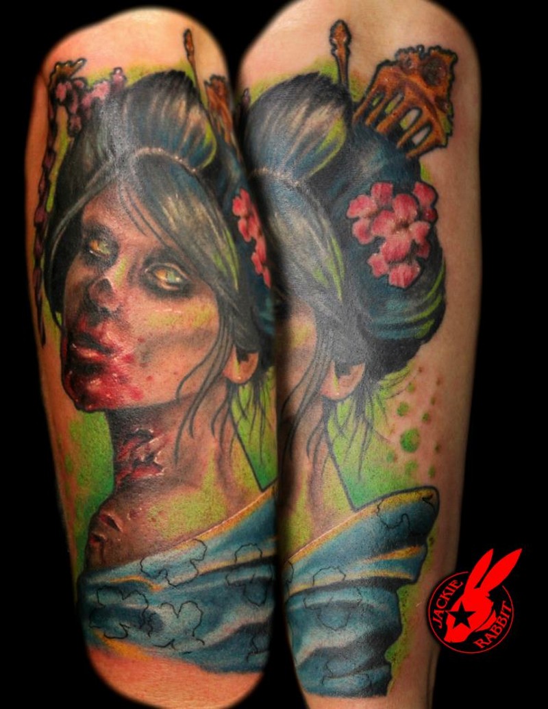 Accurate painted colored zombie Asian woman portrait tattoo on forearm