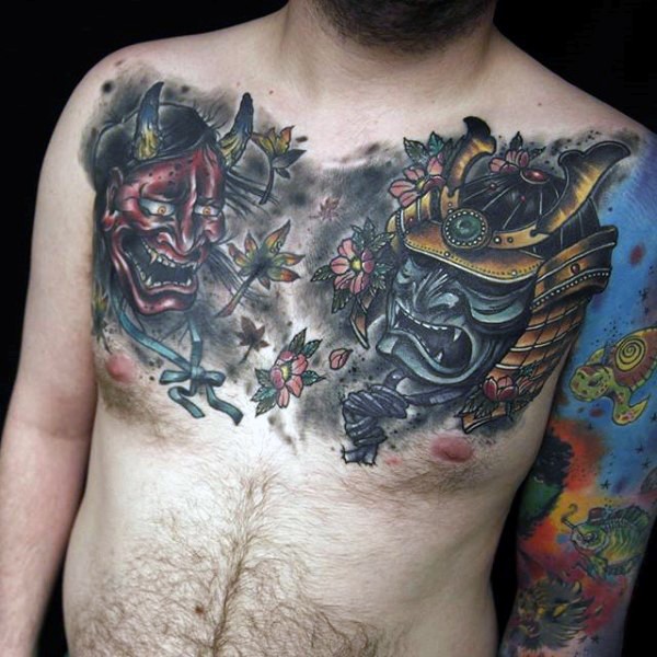 Accurate painted colorful Asian style chest tattoo of samurai mask and demon face