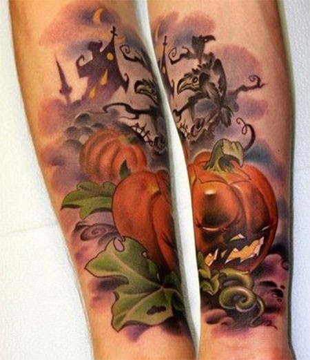 Accurate painted colorful Halloween like pumpkin tattoo on forearm with old house and crow