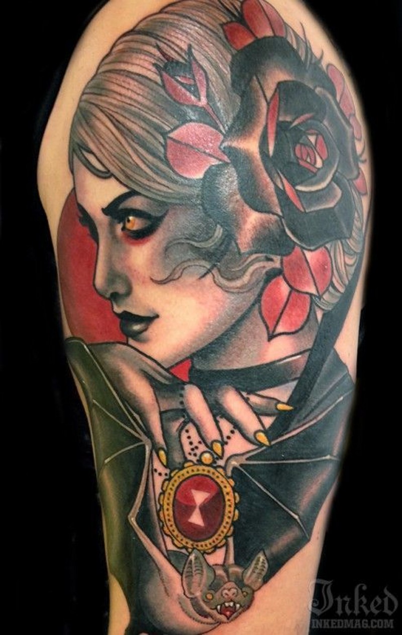 Accurate painted colorful shoulder tattoo of mystical woman portrait with flower in hair