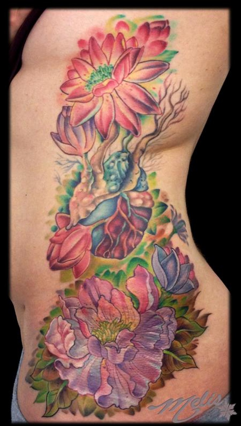 Accurate painted colorful side tattoo of various flowers and human heart
